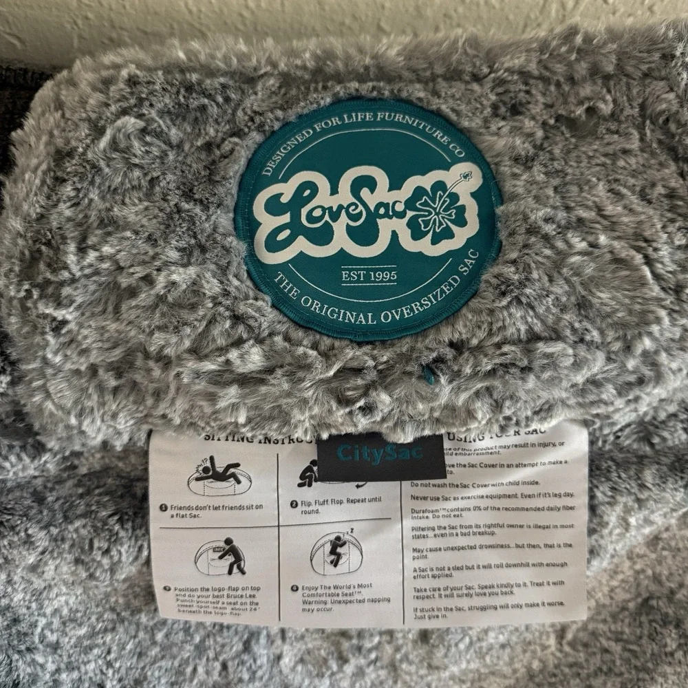 Lovesac Citysac + Ottoman Cover Only Grey Phur Faux Fur Bean Bag Cover NWOT